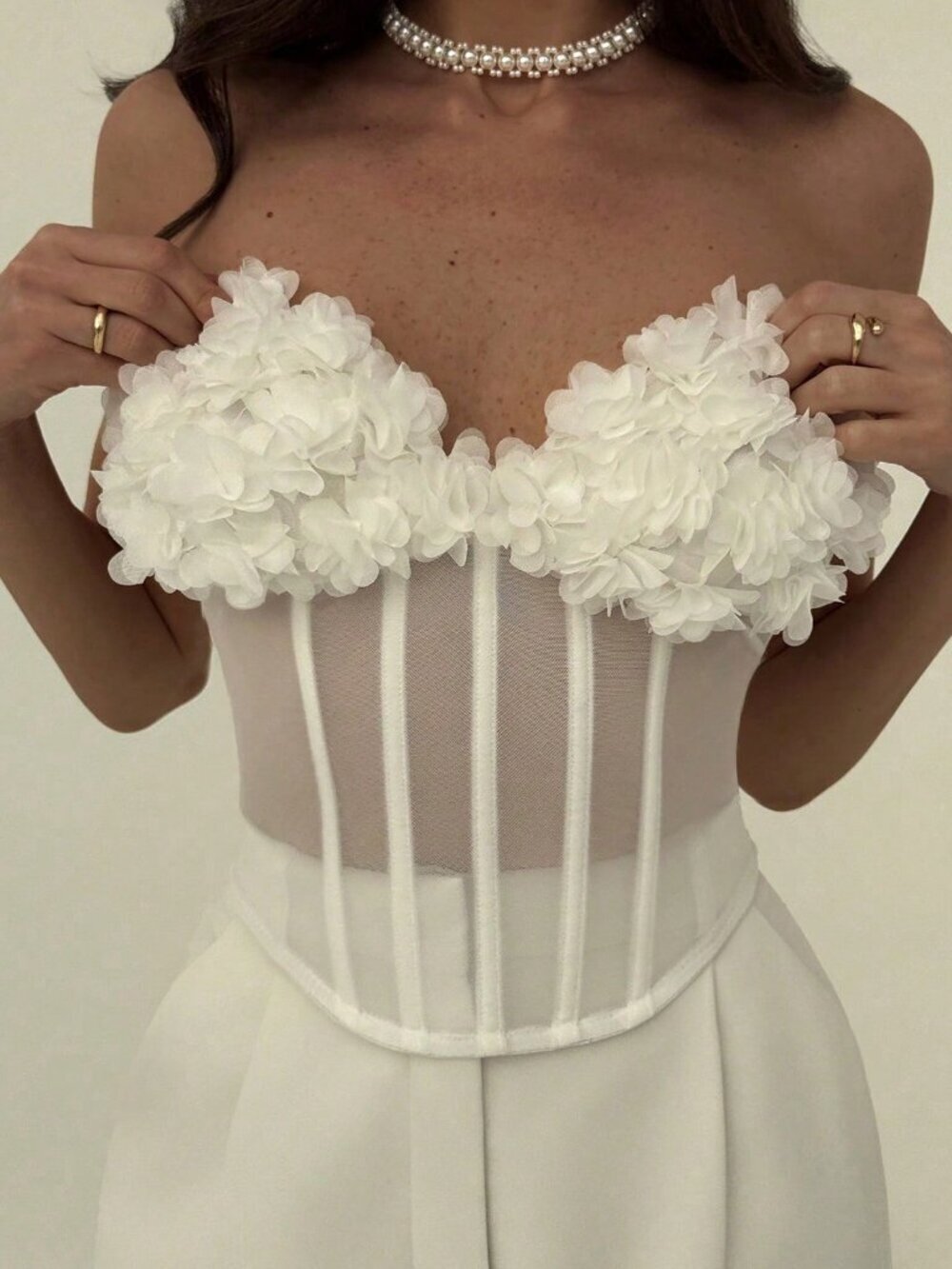 White Ruched Floral Trim Elegant Minimalist Women's Bustier Blouse